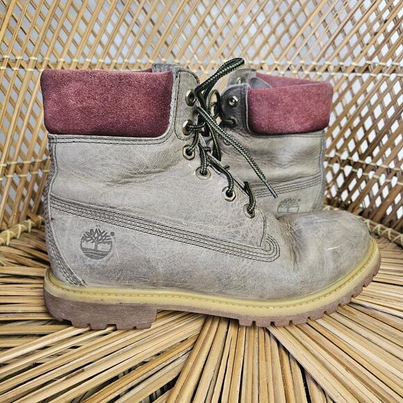 Timberland Boots Women's‎ 8 Taupe Grey Maroon Lace Up - Picture 1 of 10